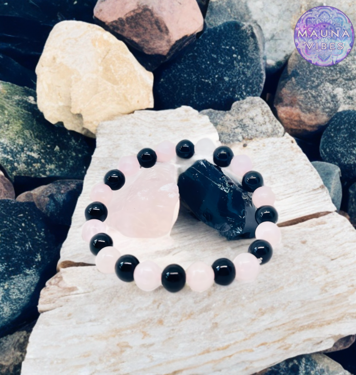 Pulsera de protección de cuarzo rosa y obsidiana - Amor - Para hombre y mujer | Pulsera hecha a mano por Mauna Vibes