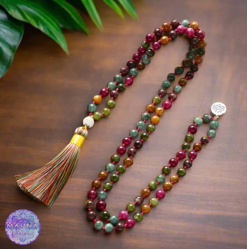 Collar de turmalina multicolor con 108 cuentas de japa mala para yoga y meditación para mujer