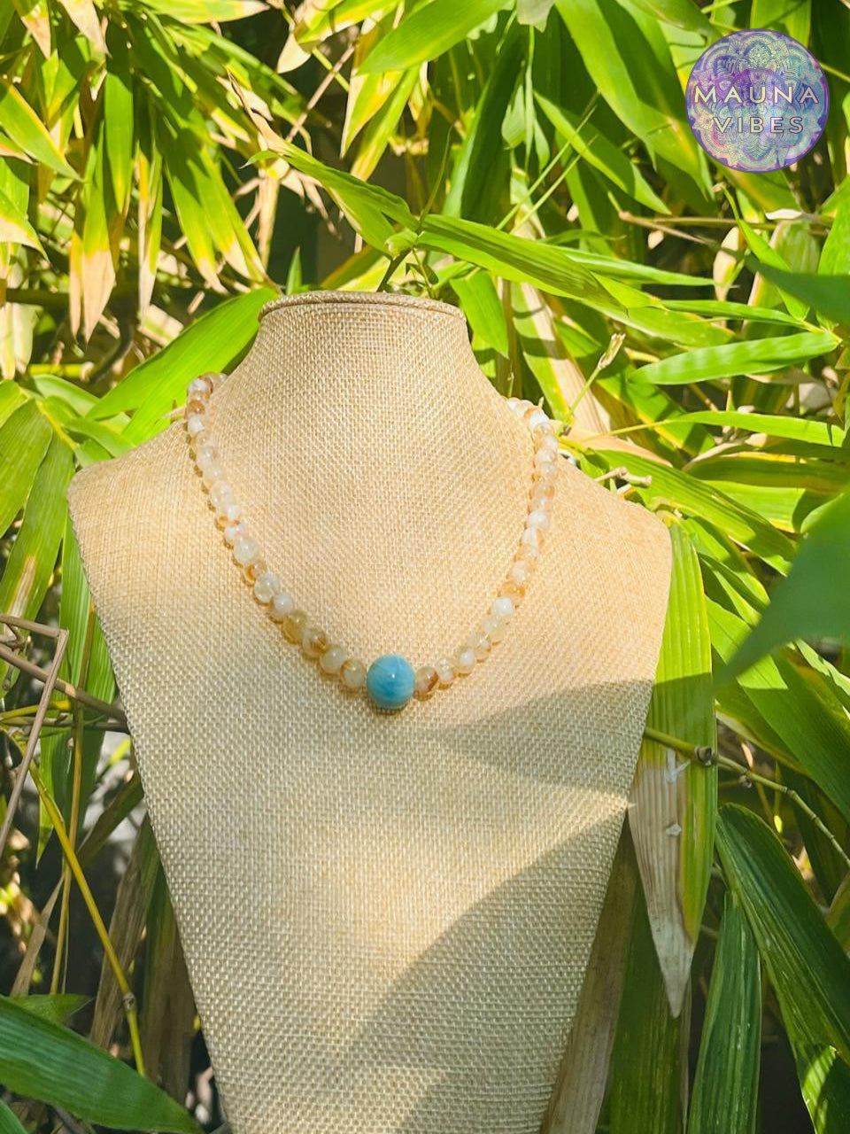 Conjunto de collar, pulsera y pendientes de larimar y citrino: piedras curativas espirituales para la prosperidad, la paz y el amor. Colección Stella Maris.