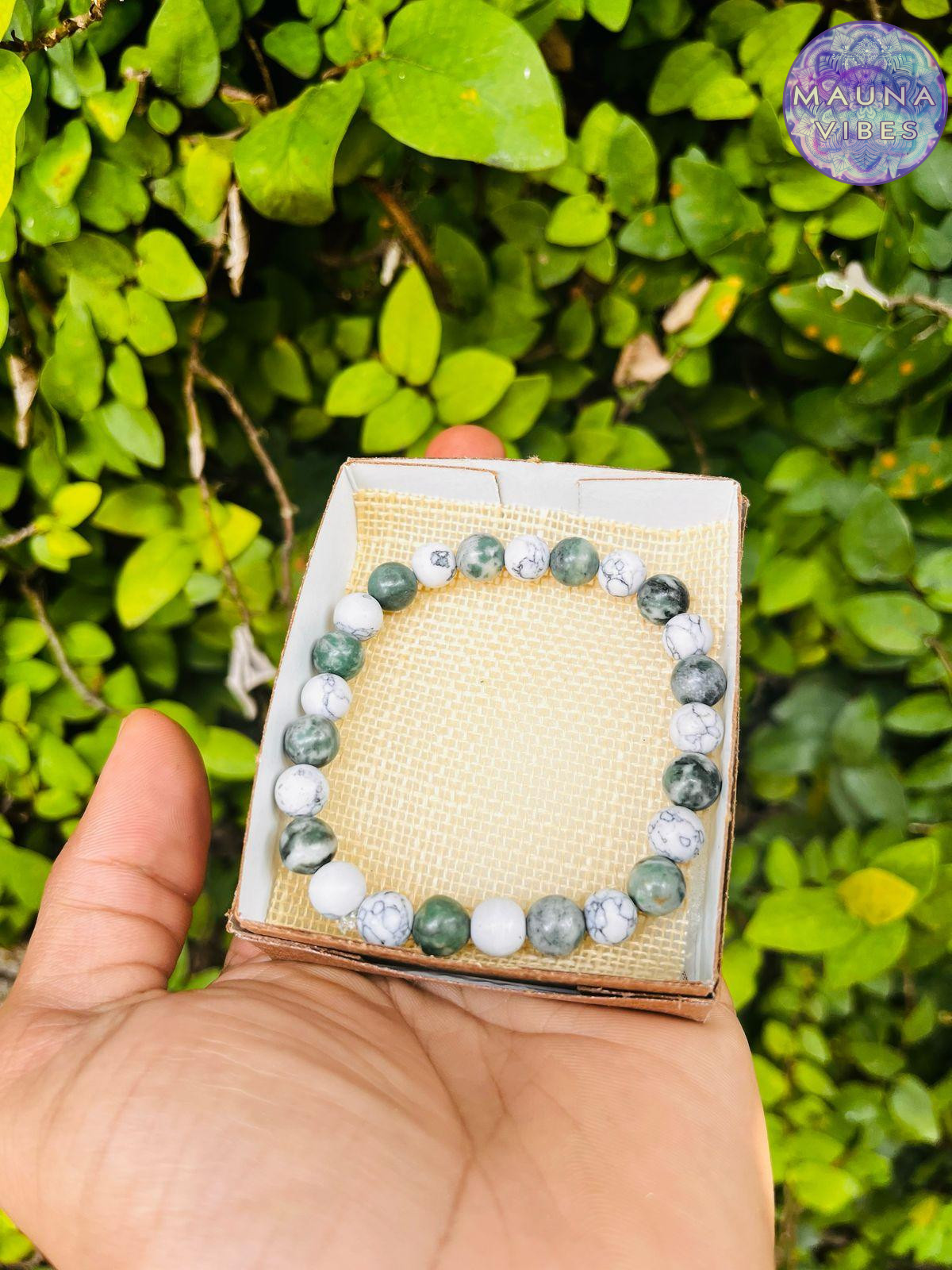 Pulsera de howlita y ágata arbórea para hombre y mujer: calma, equilibrio, conexión con la naturaleza, alivio del estrés, meditación, crecimiento espiritual, pulsera de piedra natural, regalo de mindfulness.
