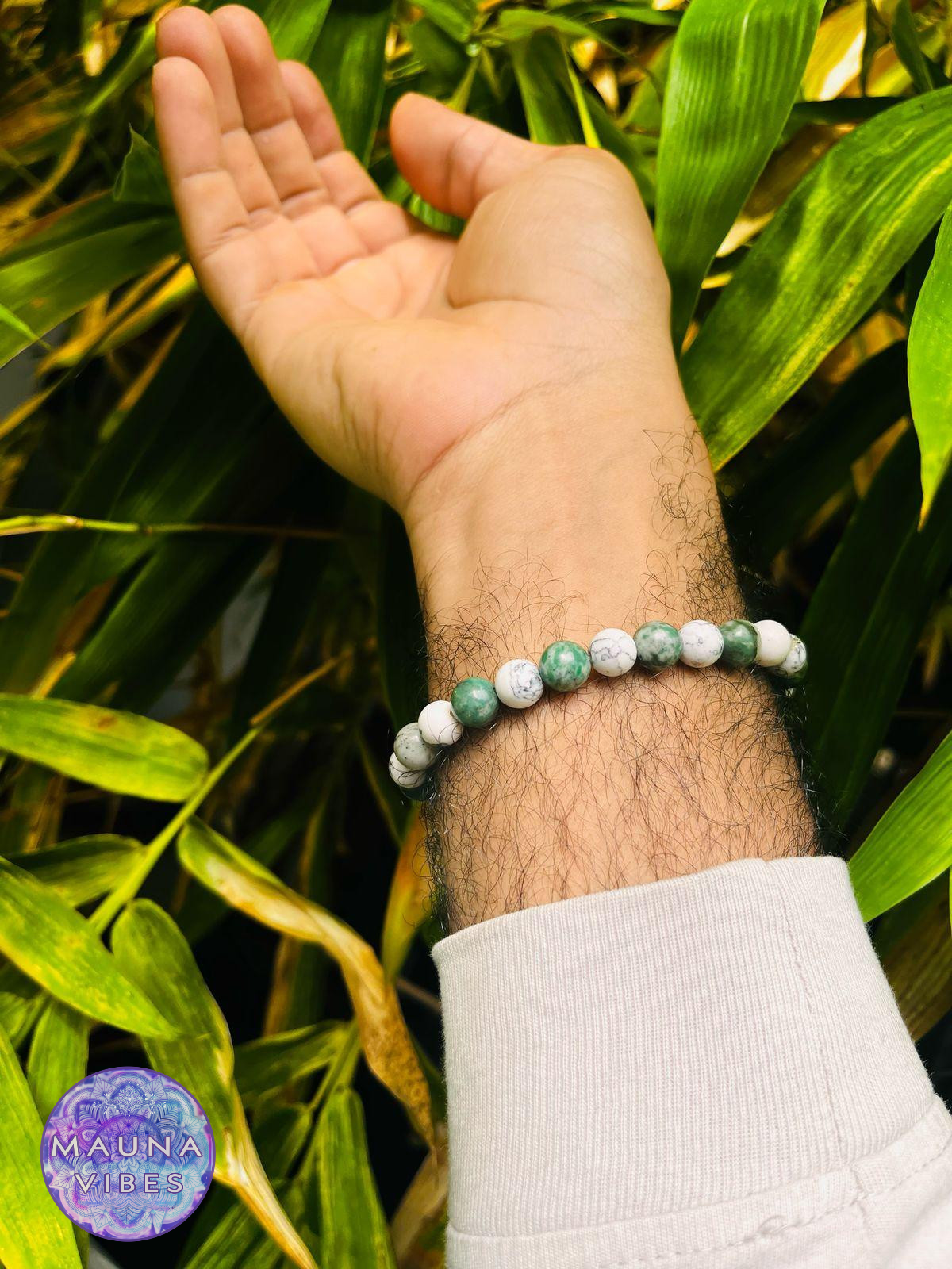 Pulsera de howlita y ágata arbórea para hombre y mujer: calma, equilibrio, conexión con la naturaleza, alivio del estrés, meditación, crecimiento espiritual, pulsera de piedra natural, regalo de mindfulness.