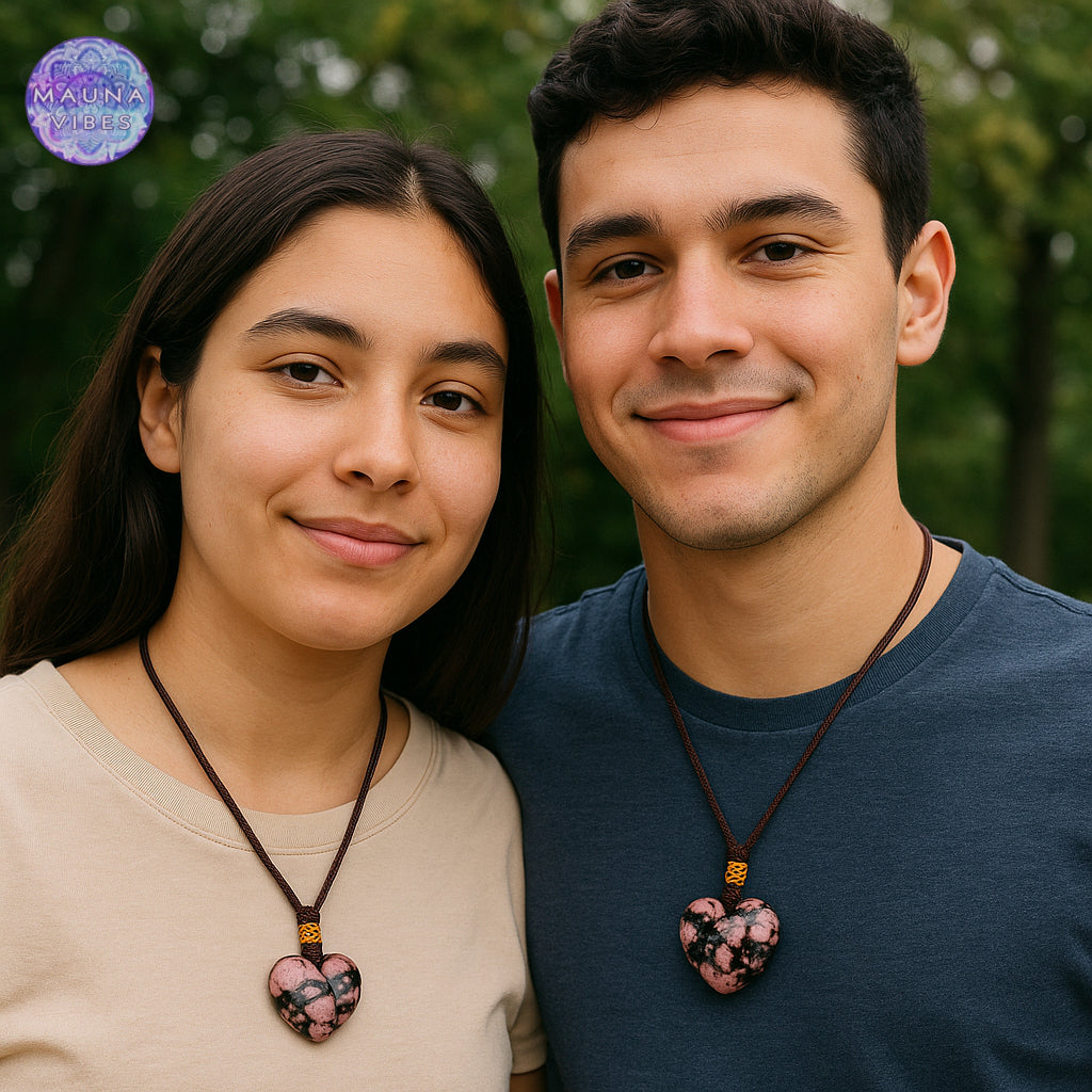 Colgante de cristal de rodonita en forma de corazón: collar de piedra natural para el amor y la sanación emocional (unisex)
