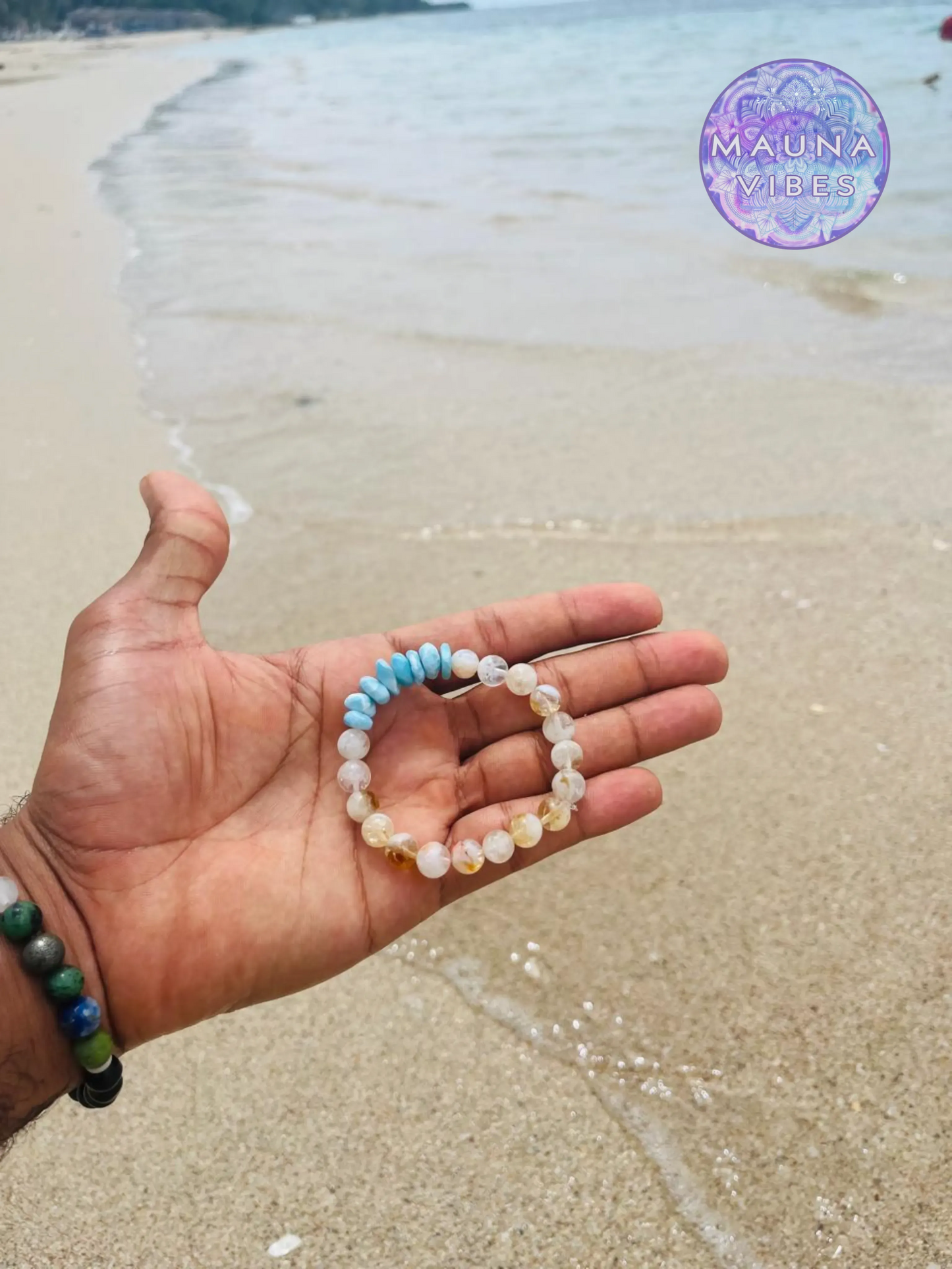 Larimar Bracelet with Citrine – Genuine Larimar Chips, 8mm Citrine Beads – Handmade Jewelry – Delicate Gift for Her – Caribbean Blue Stone.