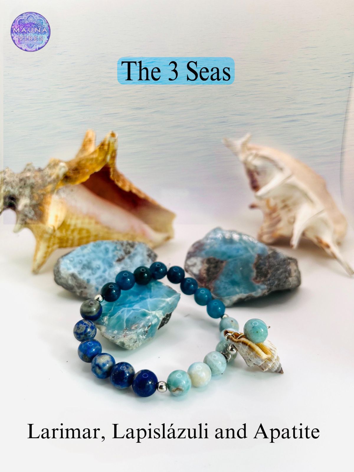 Pulsera Los 3 Mares Con Piedras Larimar, Apatita y Lapislázuli | Joyería de cristales curativos inspirados en el océano, pulsera bohemia