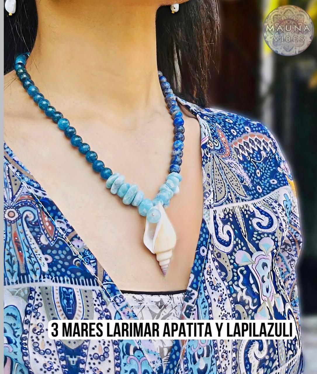 Collar de larimar auténtico para mujer: joyería de cristal curativo de apatita y lapislázuli | Regalo de lujo inspirado en el océano para ella | Collar bañado en plata con piedras preciosas de los 3 mares de Mauna Vibes