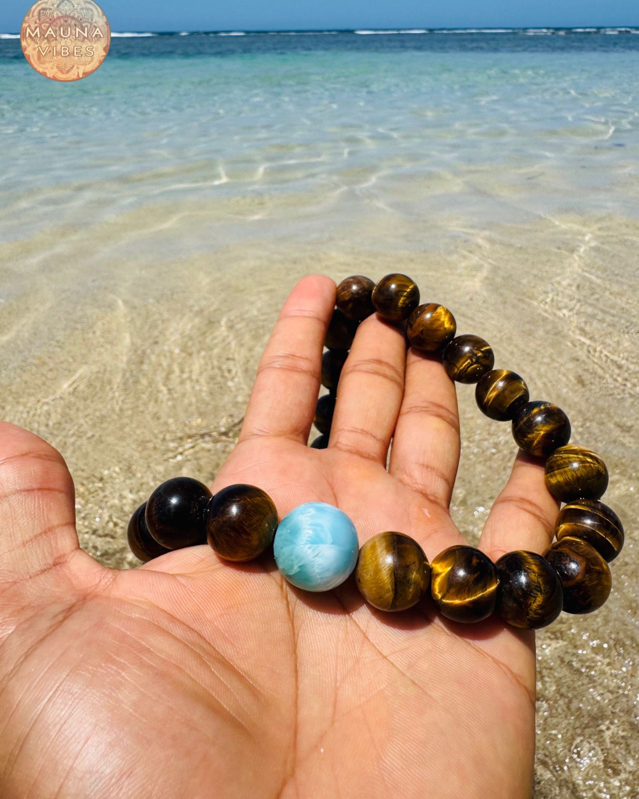 Larimar Necklace With Tiger’s Eye – 16mm Natural Gemstone Necklace for Men & Women – Handmade With Dominican Larimar – Gift Box Included