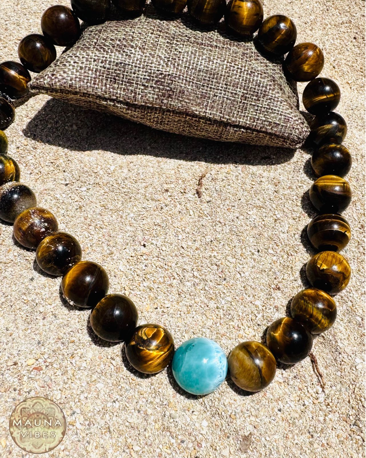 Larimar Necklace With Tiger’s Eye – 16mm Natural Gemstone Necklace for Men & Women – Handmade With Dominican Larimar – Gift Box Included
