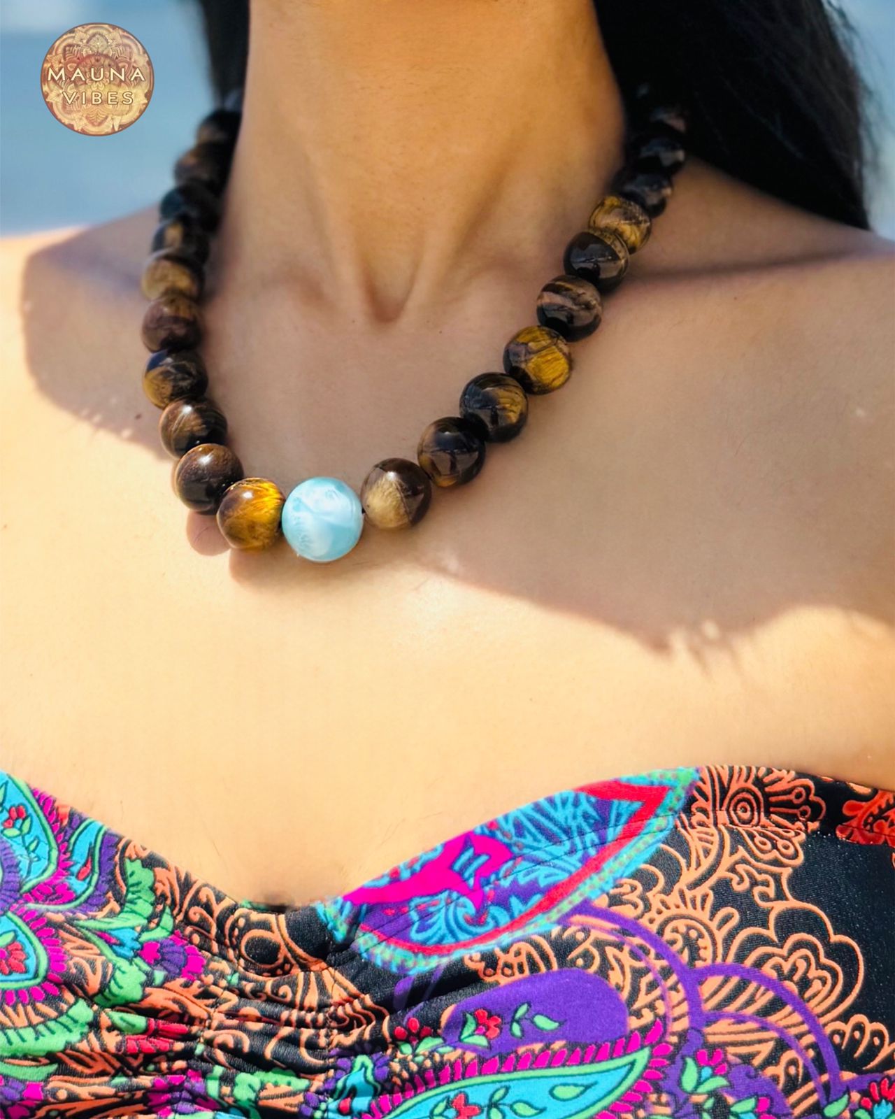 Larimar Necklace With Tiger’s Eye – 16mm Natural Gemstone Necklace for Men & Women – Handmade With Dominican Larimar – Gift Box Included
