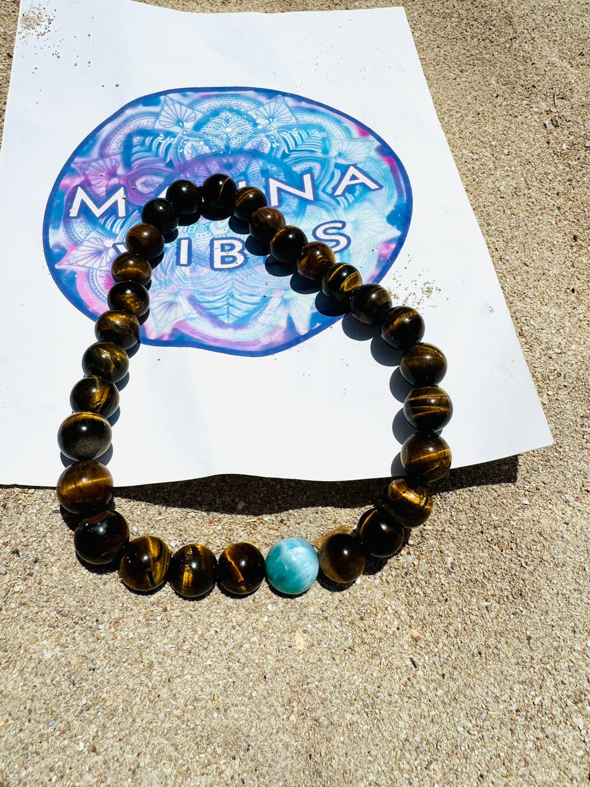 Larimar Necklace With Tiger’s Eye – 16mm Natural Gemstone Necklace for Men & Women – Handmade With Dominican Larimar – Gift Box Included