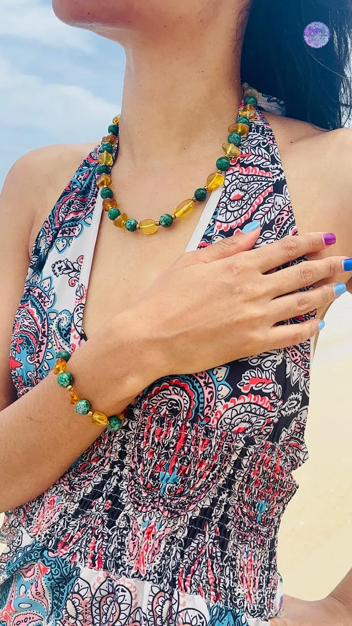 Collar de ámbar dominicano y crisocola, chapado en oro, pulsera para mujer, regalo elegante, regalo de cumpleaños, regalo de aniversario