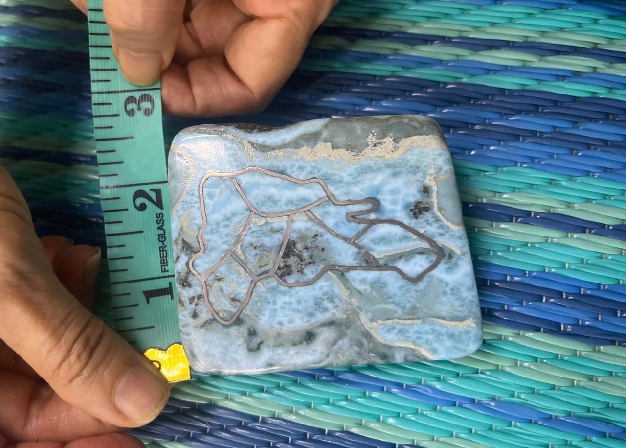 Dominican Republic Carved Larimar Slab – 214.6g Rare Caribbean Gemstone with Dominican Island Map Outline- Collectible Larimar Stone.
