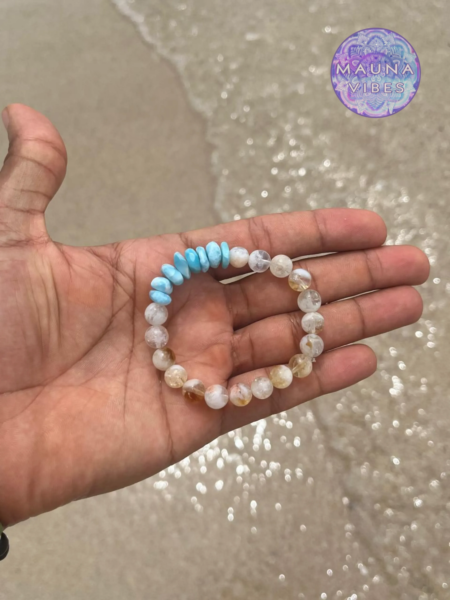 Larimar Bracelet with Citrine – Genuine Larimar Chips, 8mm Citrine Beads – Handmade Jewelry – Delicate Gift for Her – Caribbean Blue Stone.