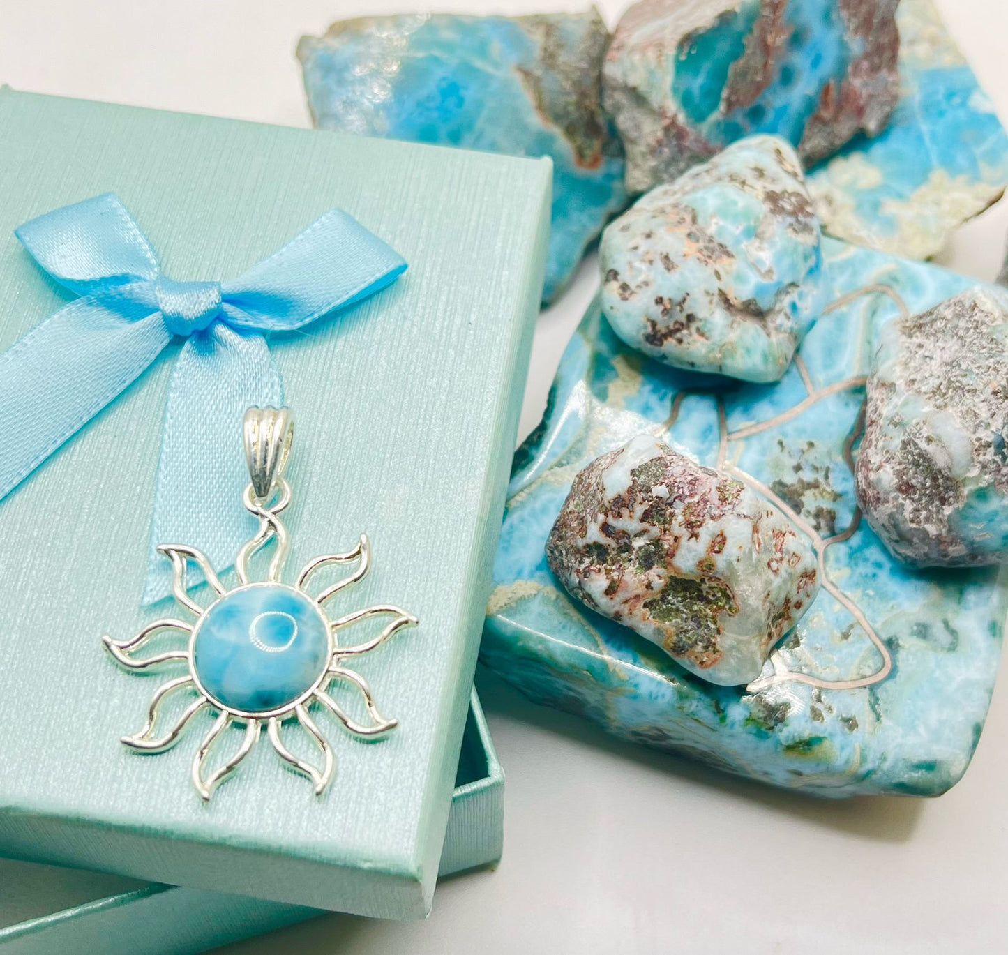 Larimar Sun Pendant Necklace with 925 Sterling Silver Hook