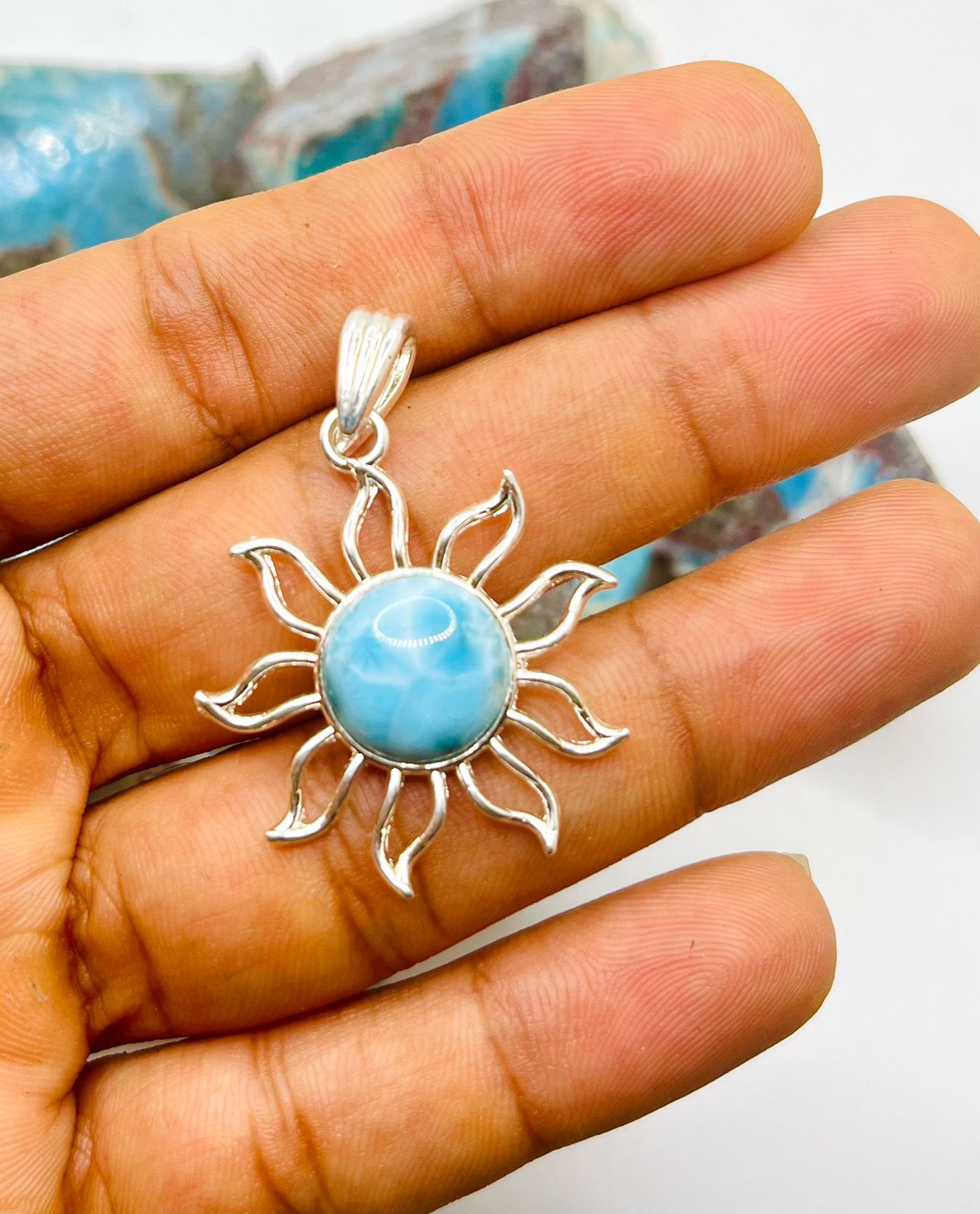 Larimar Sun Pendant Necklace with 925 Sterling Silver Hook