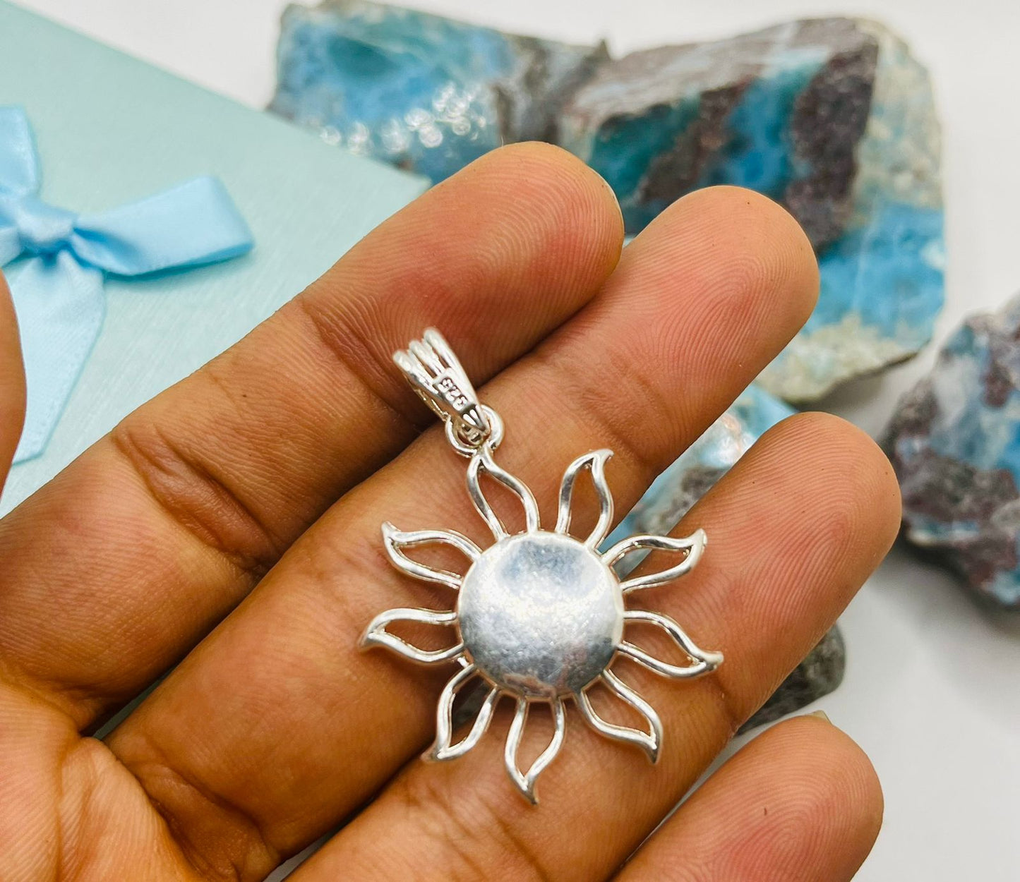 Larimar Sun Pendant Necklace with 925 Sterling Silver Hook