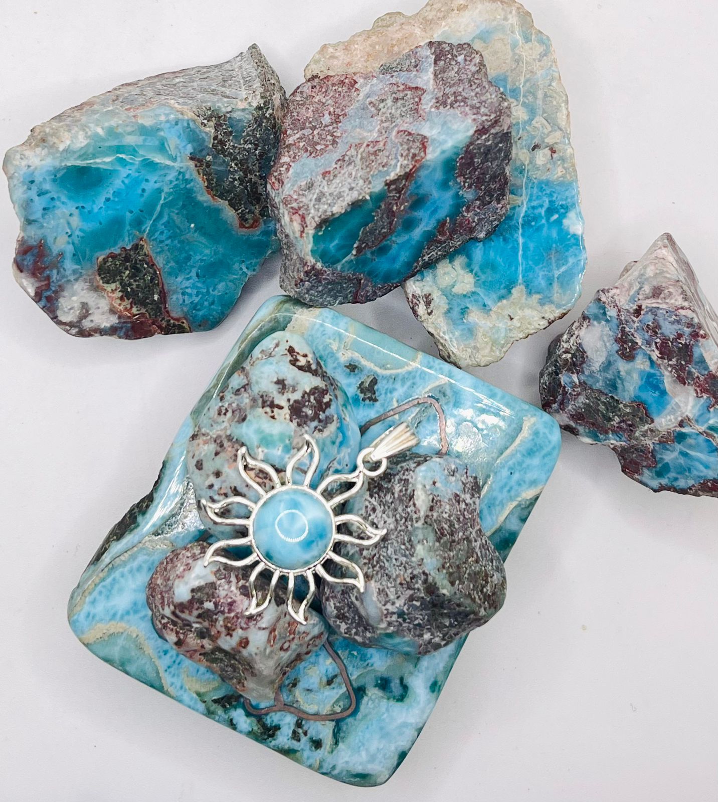 Larimar Sun Pendant Necklace with 925 Sterling Silver Hook