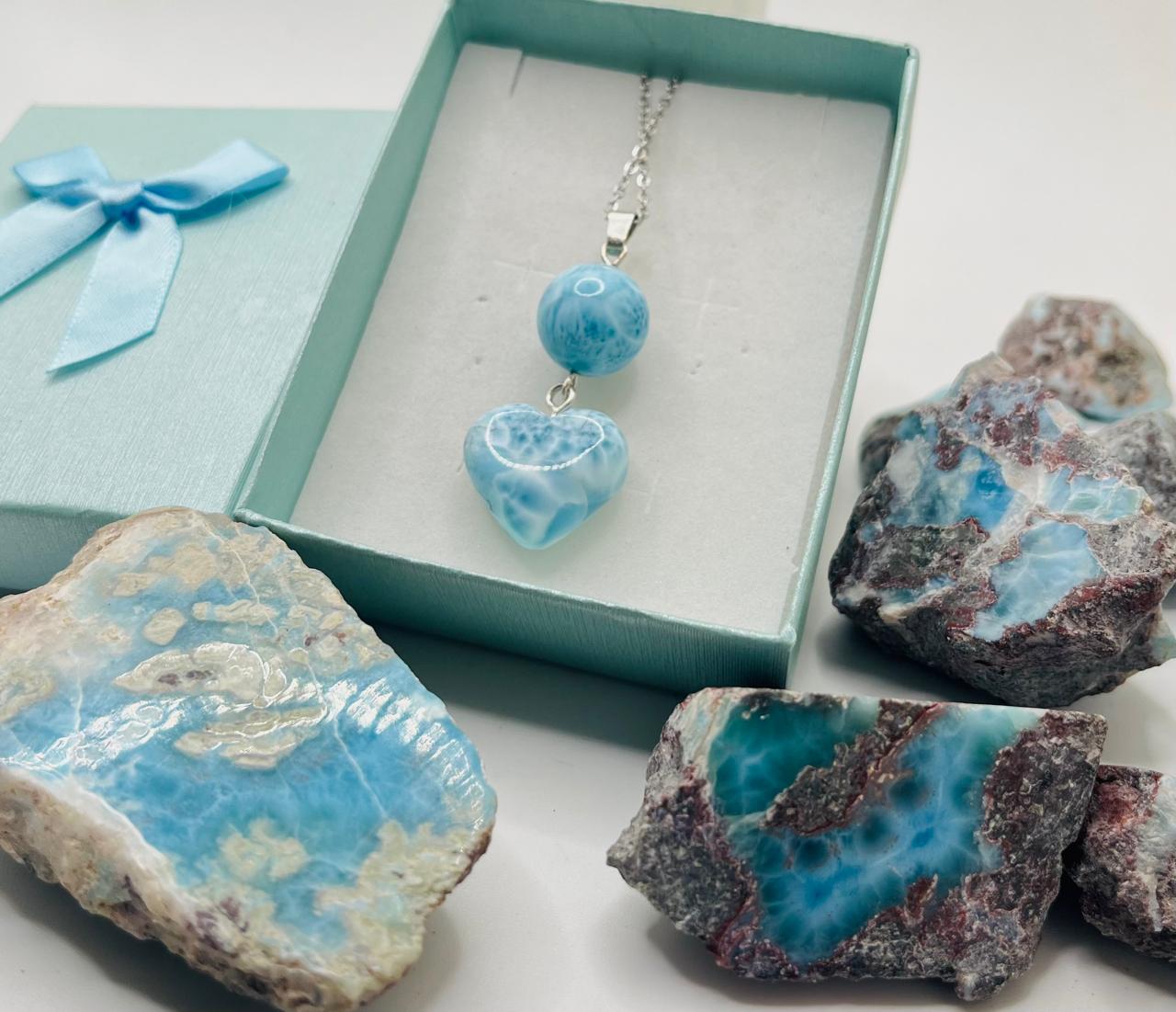 Larimar Heart & Sphere Pendant Necklace – Genuine Dominican Blue Larimar Jewelry Gift