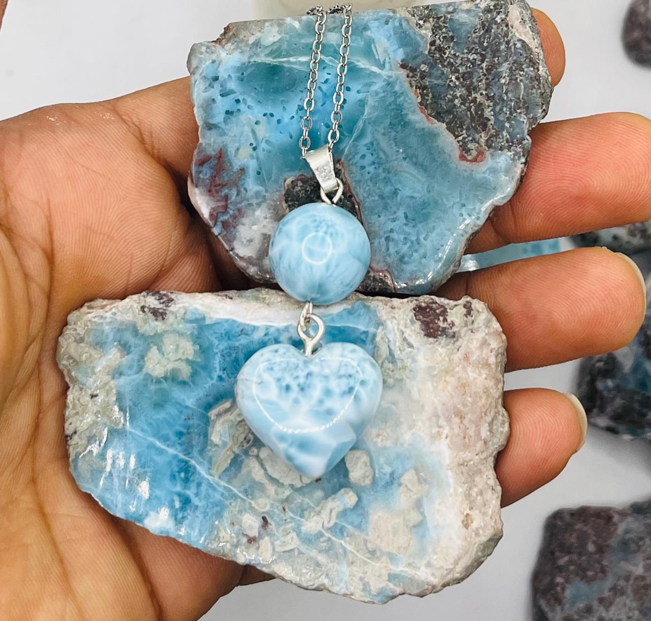 Larimar Heart & Sphere Pendant Necklace – Genuine Dominican Blue Larimar Jewelry Gift