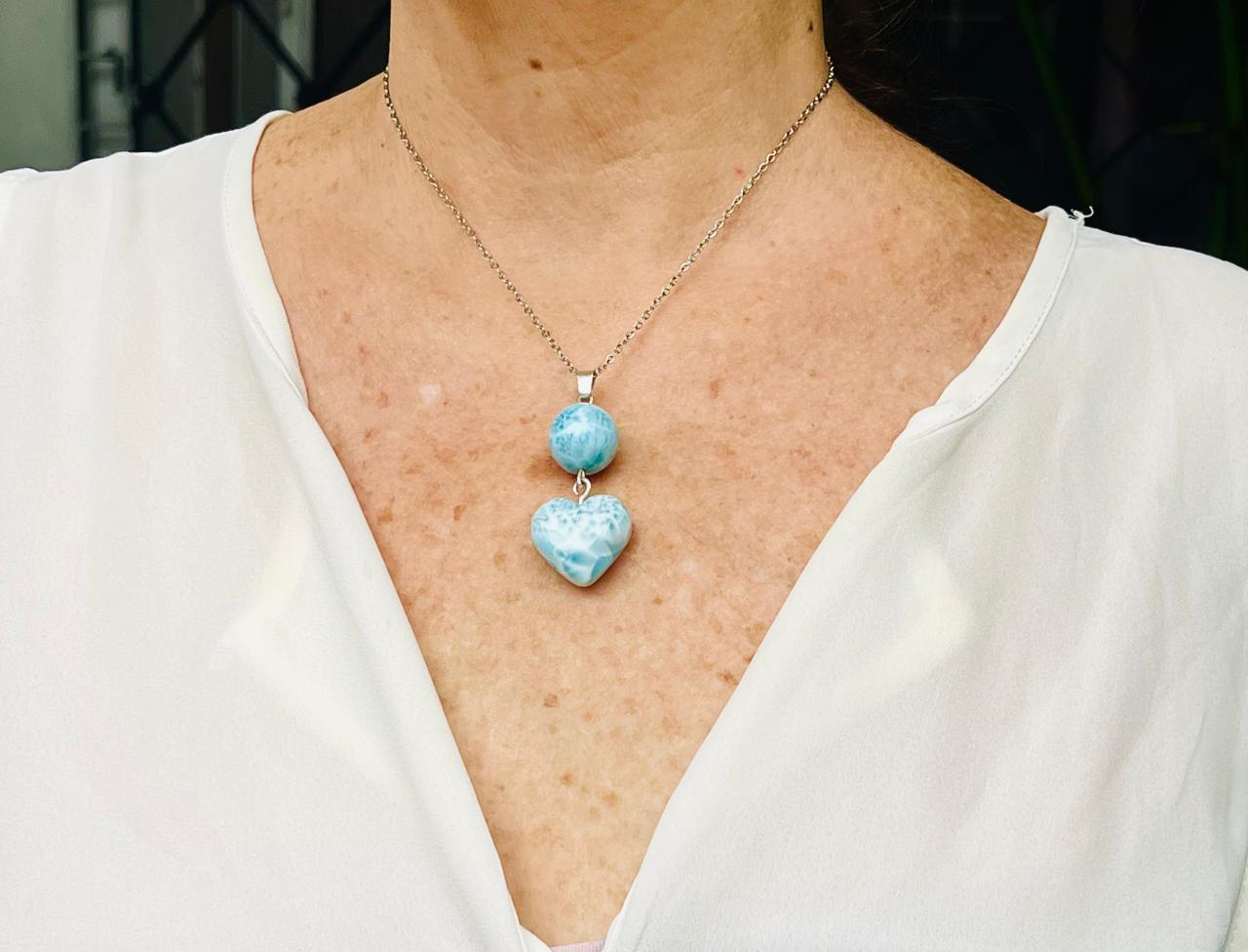 Larimar Heart & Sphere Pendant Necklace – Genuine Dominican Blue Larimar Jewelry Gift