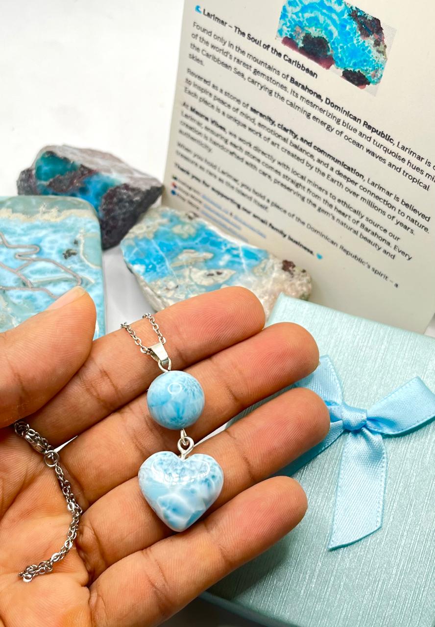 Larimar Heart & Sphere Pendant Necklace – Genuine Dominican Blue Larimar Jewelry Gift