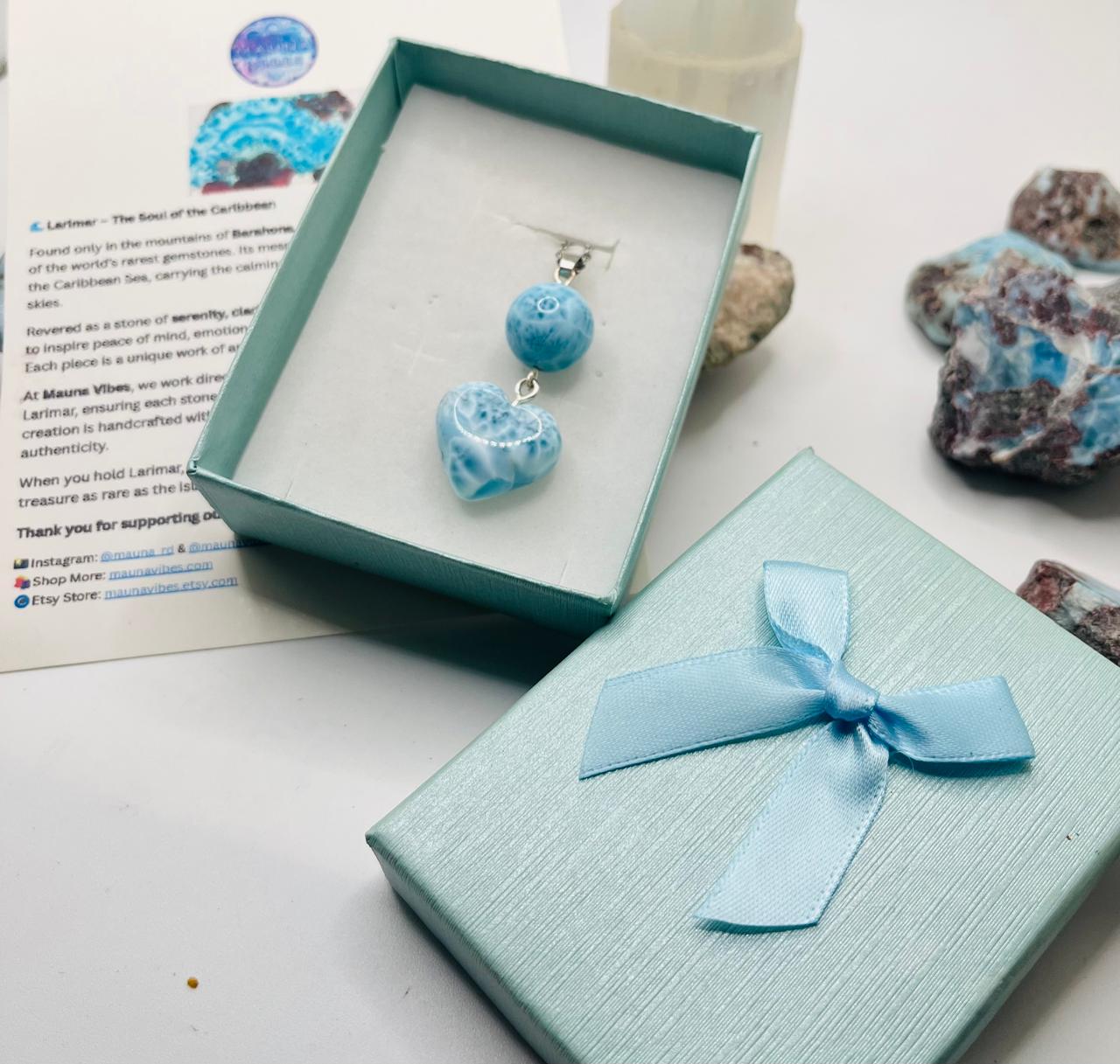 Larimar Heart & Sphere Pendant Necklace – Genuine Dominican Blue Larimar Jewelry Gift