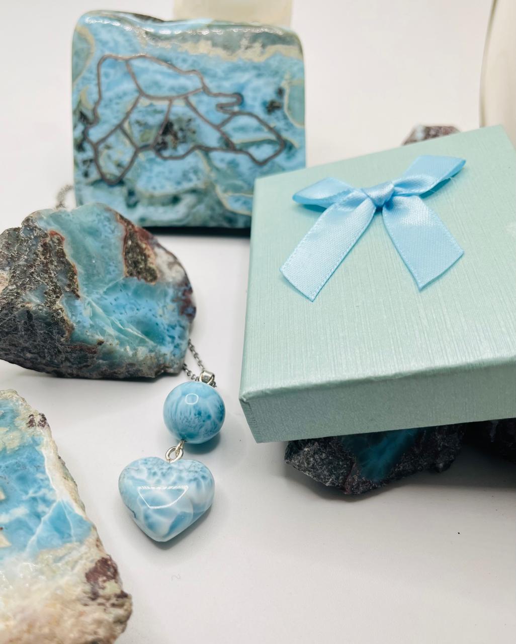 Larimar Heart & Sphere Pendant Necklace – Genuine Dominican Blue Larimar Jewelry Gift