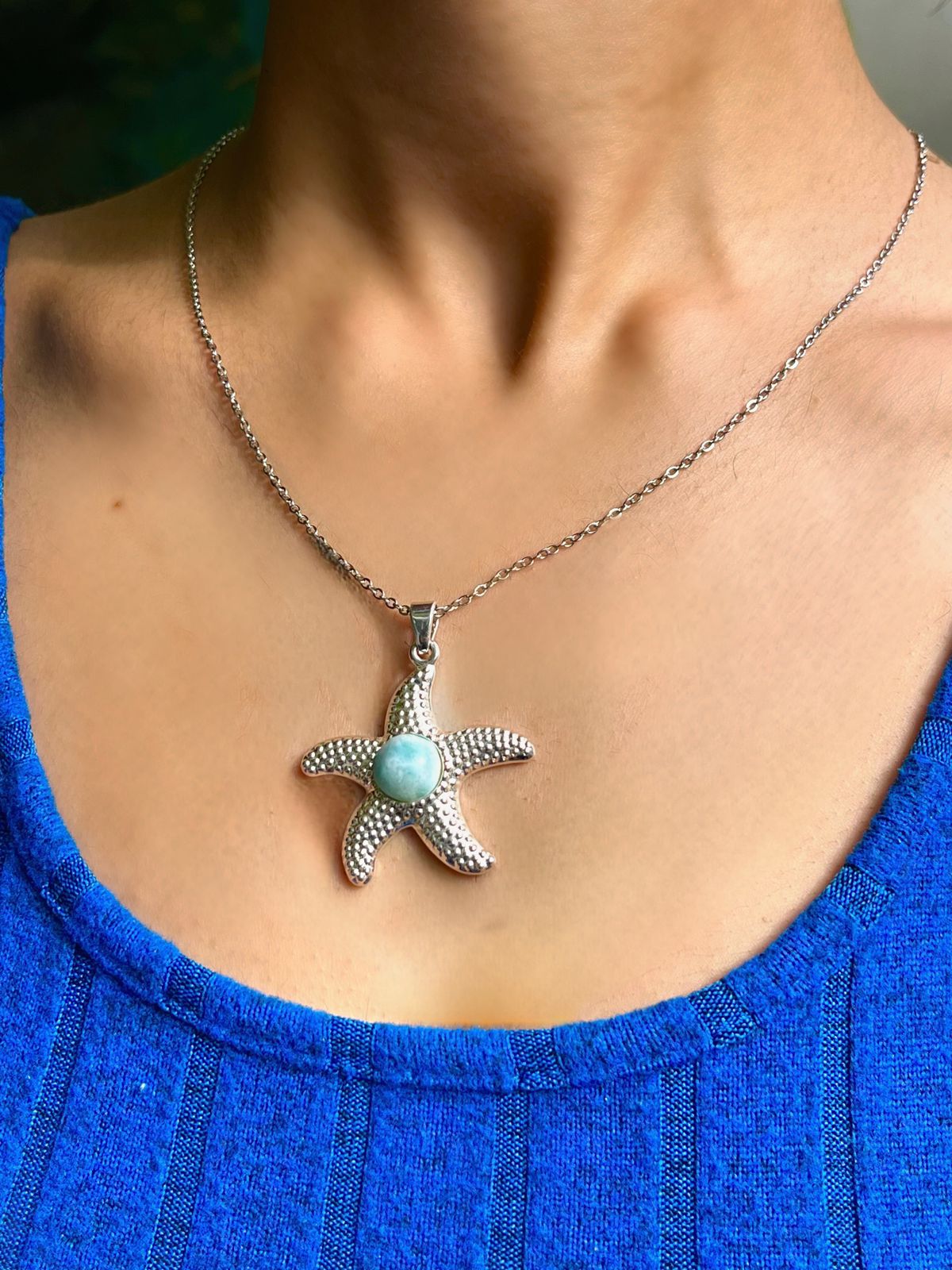 Larimar Starfish Pendant Necklace With 925 Sterling Silver Hook Ocean Jewelry Gift