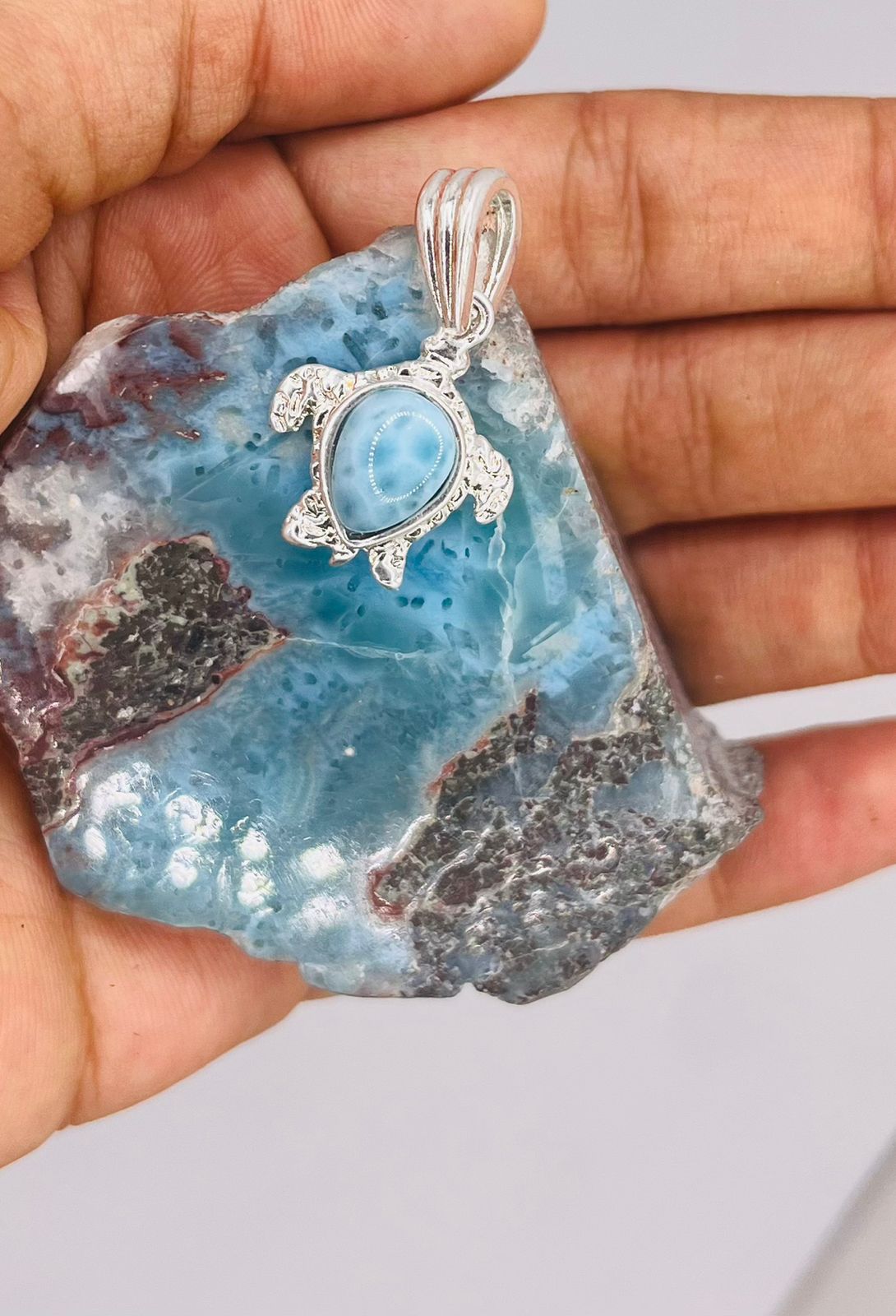 Larimar Turtle Pendant Necklace – Genuine Dominican Larimar Jewelry, Ocean Necklace, Handmade Gift for Women