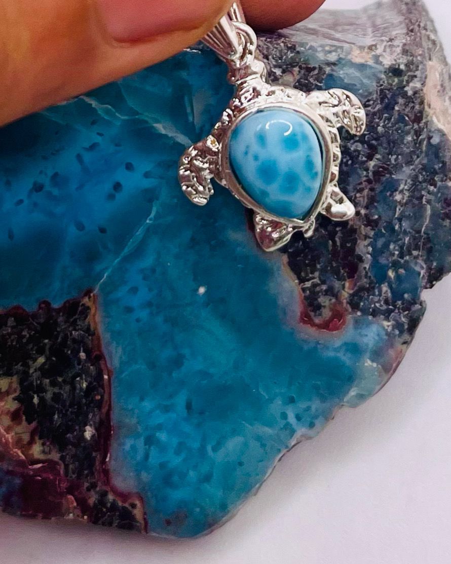 Larimar Turtle Pendant Necklace – Genuine Dominican Larimar Jewelry, Ocean Necklace, Handmade Gift for Women