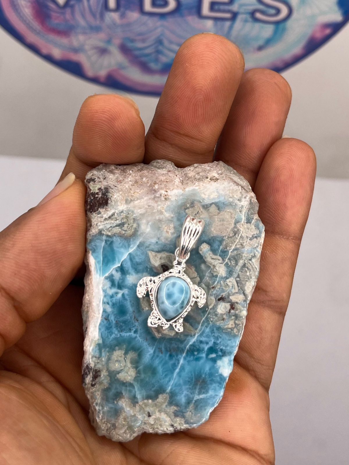 Larimar Turtle Pendant Necklace – Genuine Dominican Larimar Jewelry, Ocean Necklace, Handmade Gift for Women