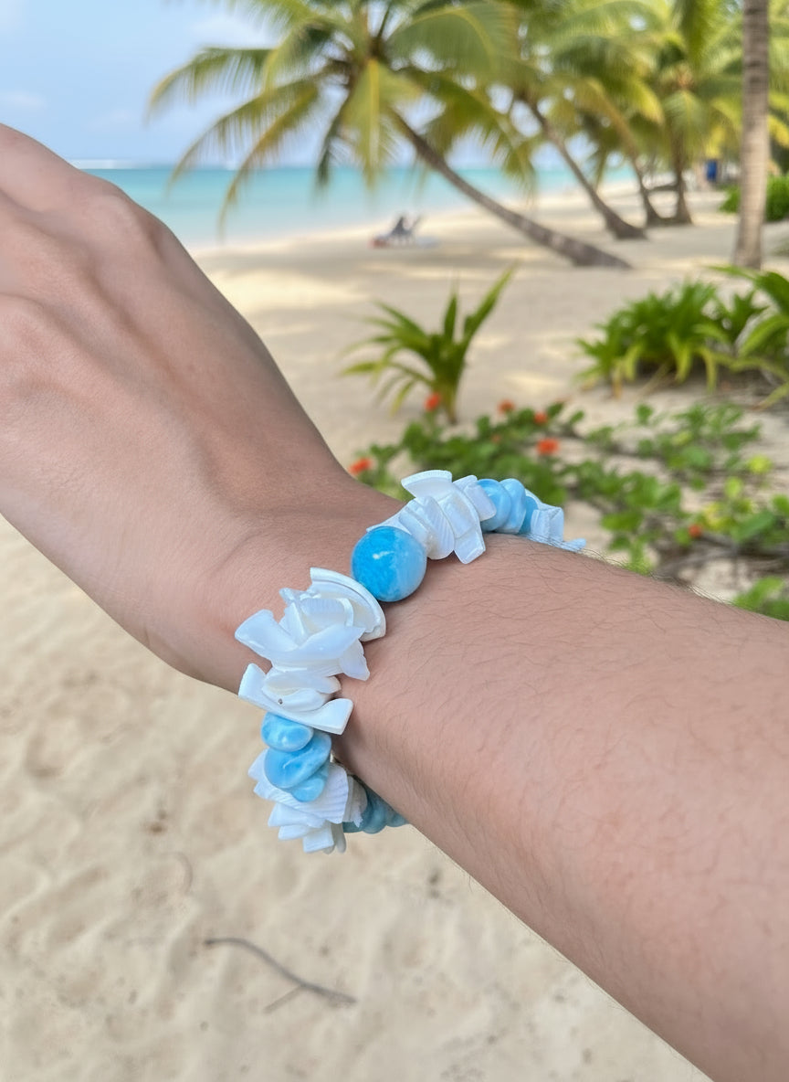 Larimar & Seashell Bracelet – Natural Larimar Chips with Center Bead | Handmade Ocean Jewelry | Christmas Gift for Her
