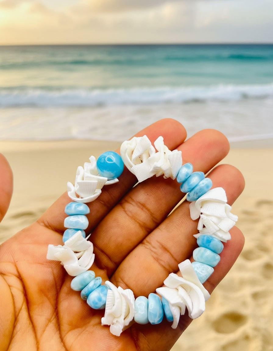 Larimar & Seashell Bracelet – Natural Larimar Chips with Center Bead | Handmade Ocean Jewelry | Christmas Gift for Her