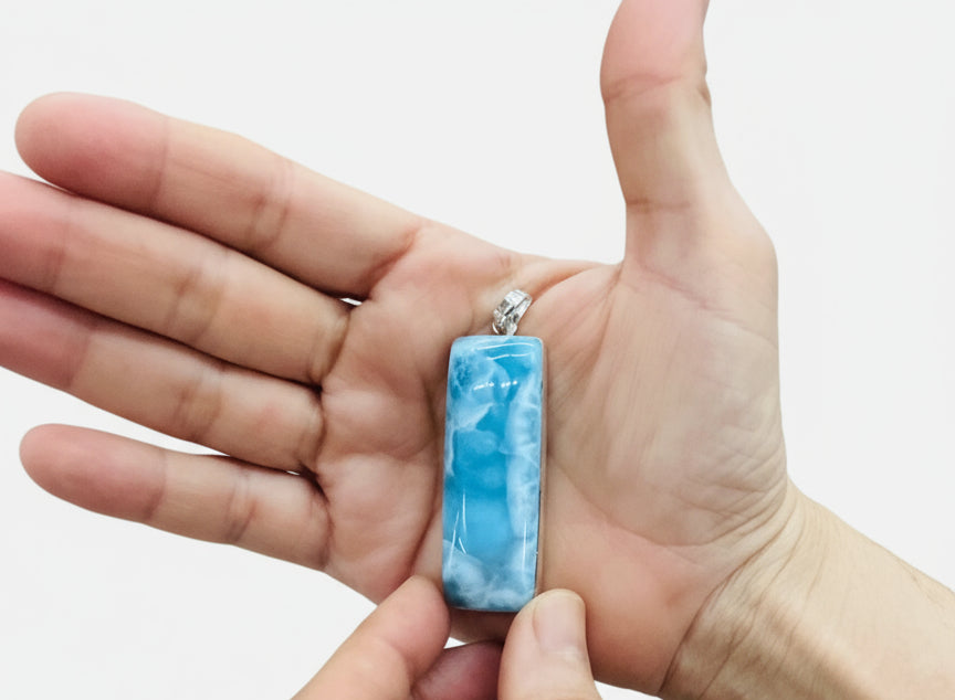 Larimar Rectangle Pendant 925 Silver | Dominican Blue Gemstone Necklace Jewelry Gift