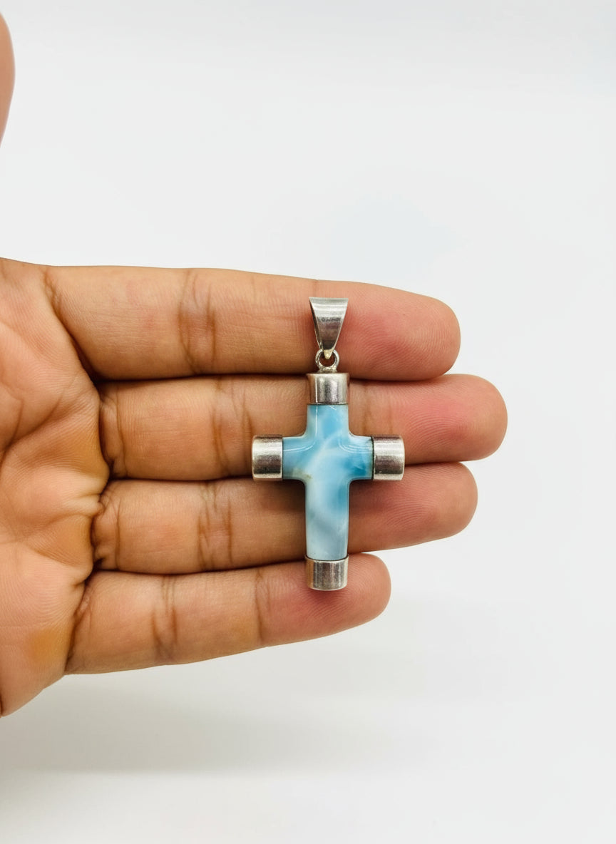 Larimar Cross Pendant In Silver: Dominican Republic Gemstone Necklace, Unisex Spiritual Jewelry Gift
