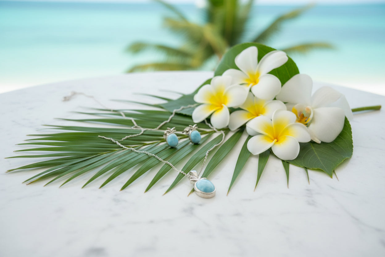 Silver necklace with turquoise stones on a white surface with tropical flowers and leaves.