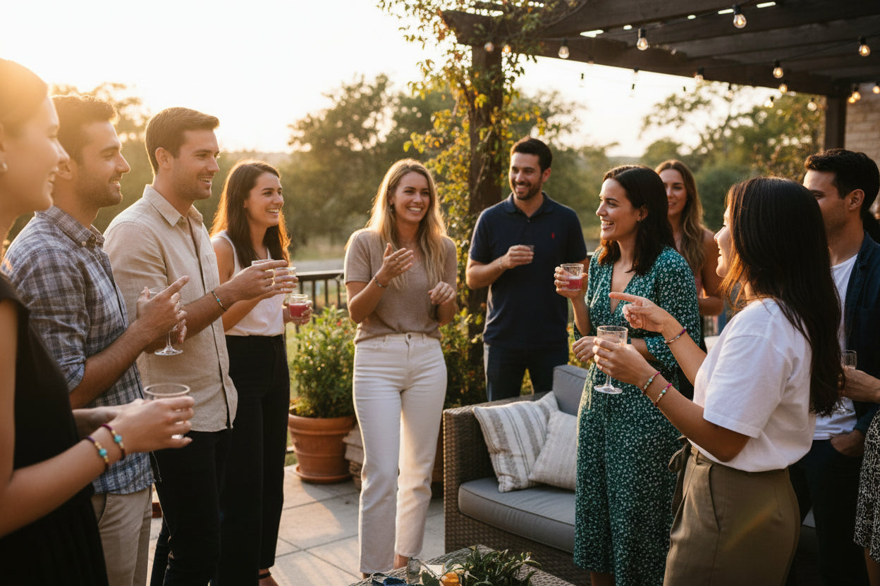 Hand holding a box of turquoise earrings with gold and pink accents.
