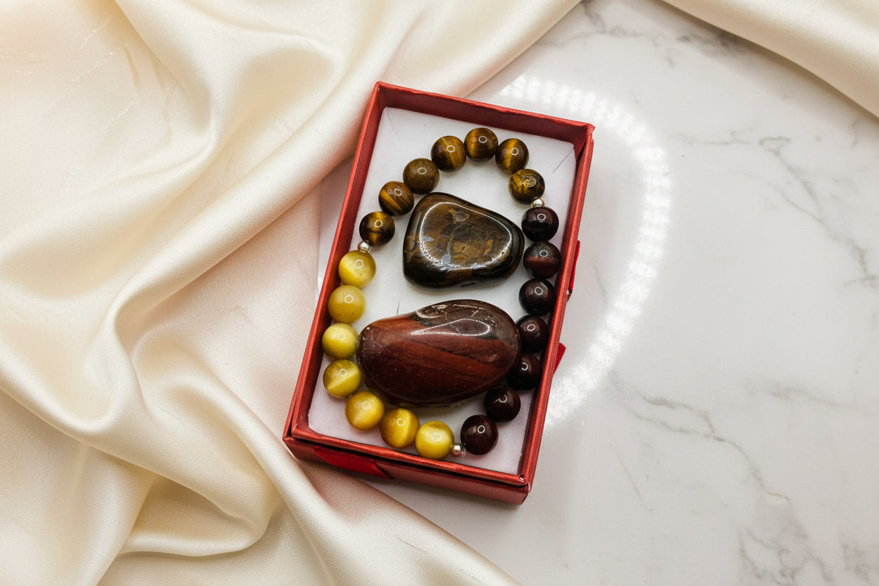 Collection of polished stones in a red box on a white background
