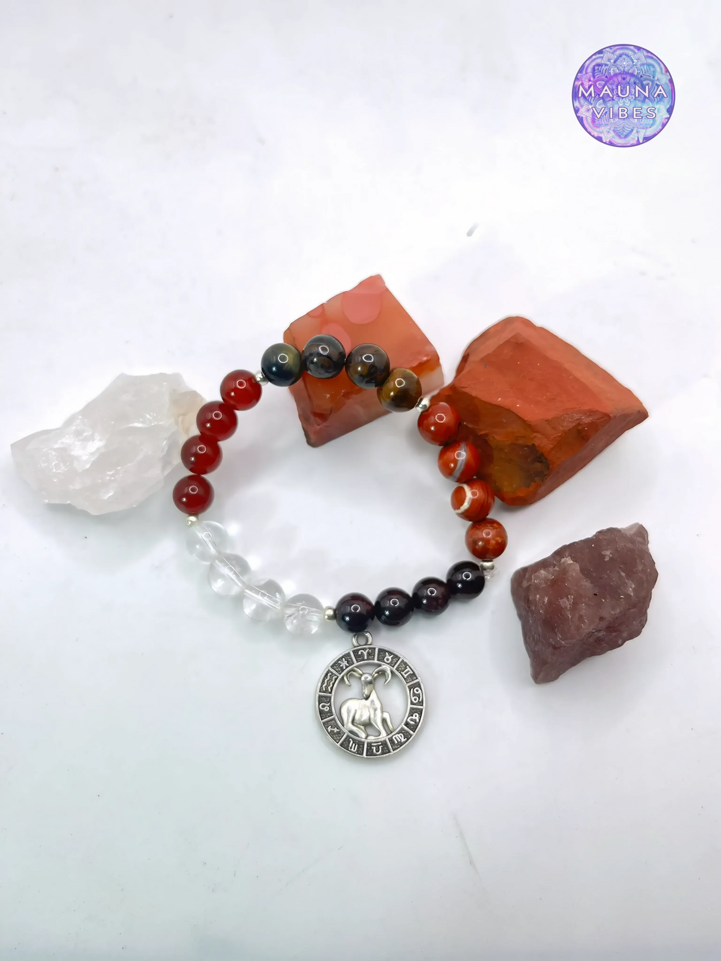 Aries Zodiac Bracelet – Tiger’s Eye, Red Jasper, Garnet, Carnelian & Clear Quartz