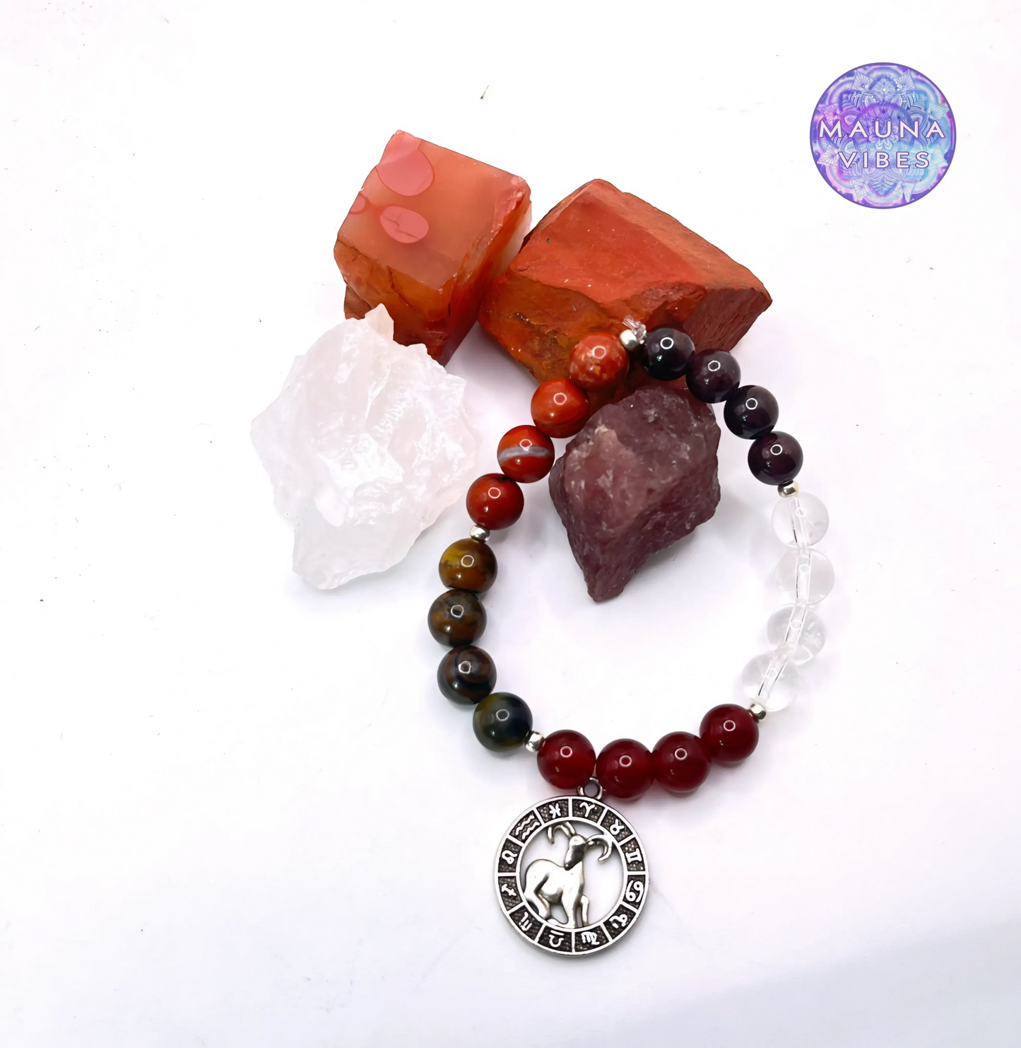Aries Zodiac Bracelet – Tiger’s Eye, Red Jasper, Garnet, Carnelian & Clear Quartz