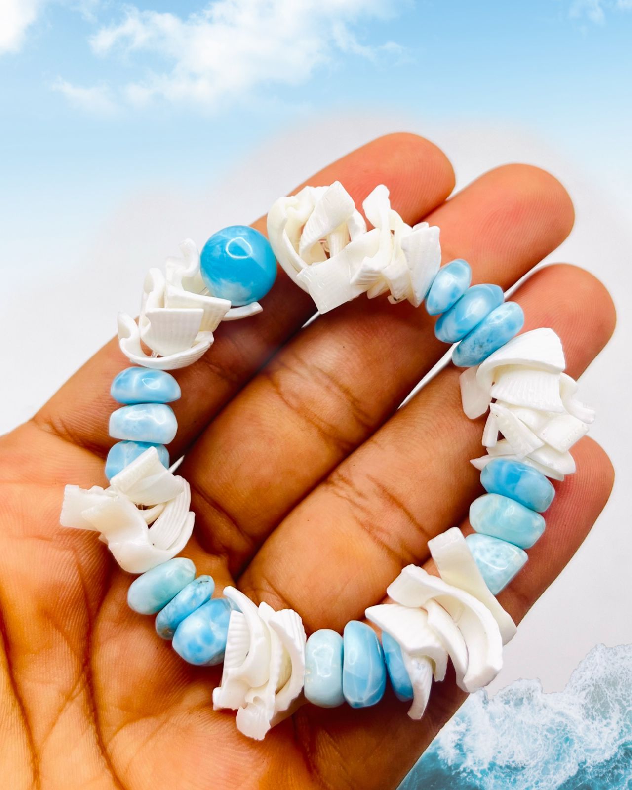Larimar & Seashell Bracelet – Natural Larimar Chips with Center Bead | Handmade Ocean Jewelry | Christmas Gift for Her