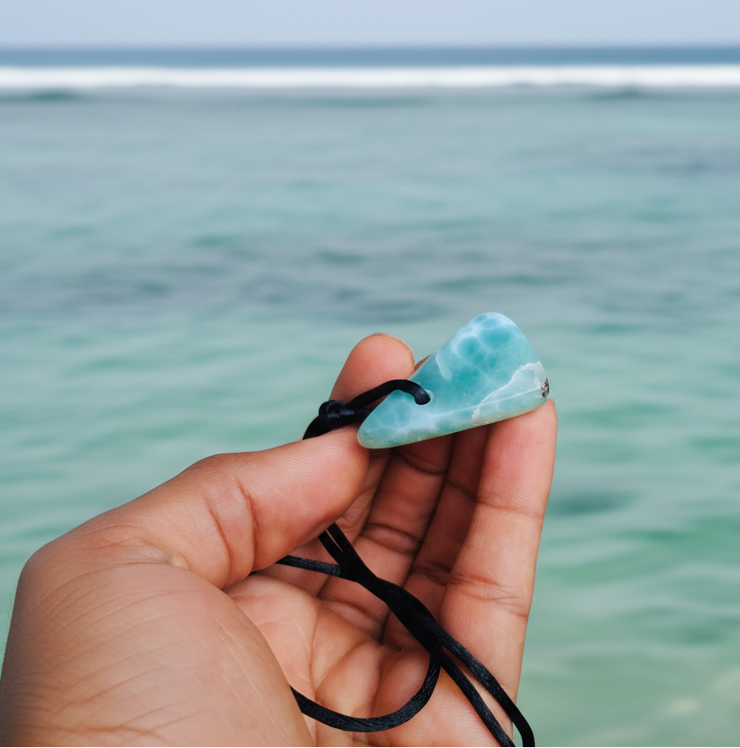 Larimar Stone Pendant Necklace – Dominican Blue Gemstone, Adjustable Rope for Men & Women