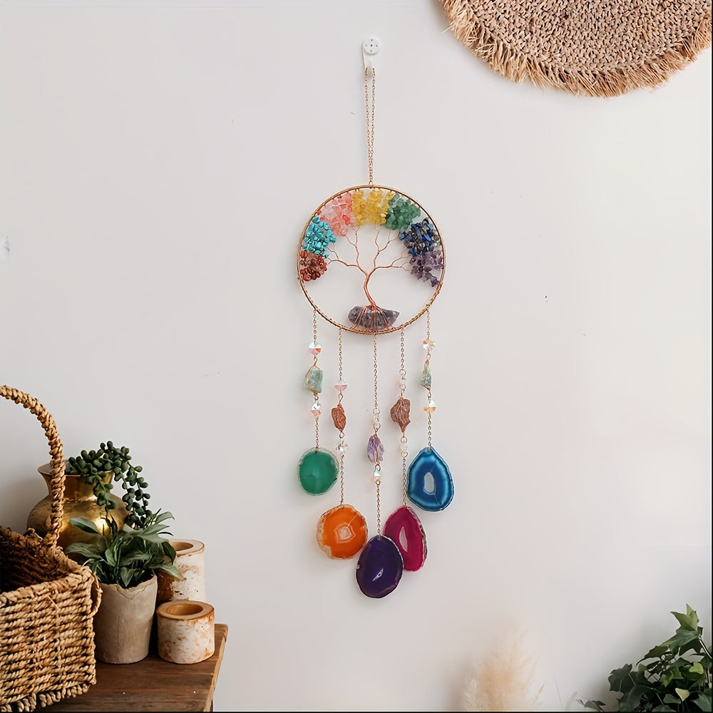 Colgante atrapasueños de los 7 chakras del Árbol de la Vida - Carillón de viento de cristal de amatista y ágata colorido hecho a mano para decoración de pared interior y exterior 🌳🌈💎✨