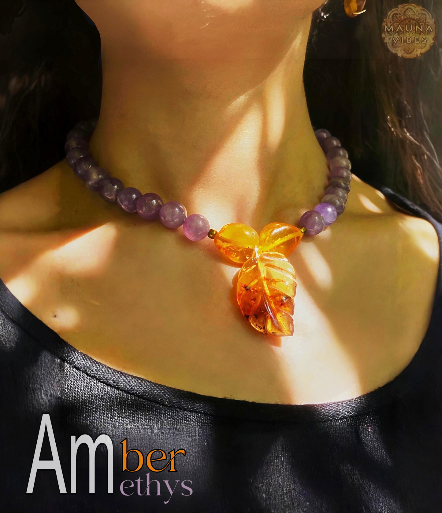 Conjunto de collar, pulsera y pendientes de ámbar y amatista para mujer. Ámbar dominicano y amatista brasileña genuinos de alta calidad. Joyería de alta gama.