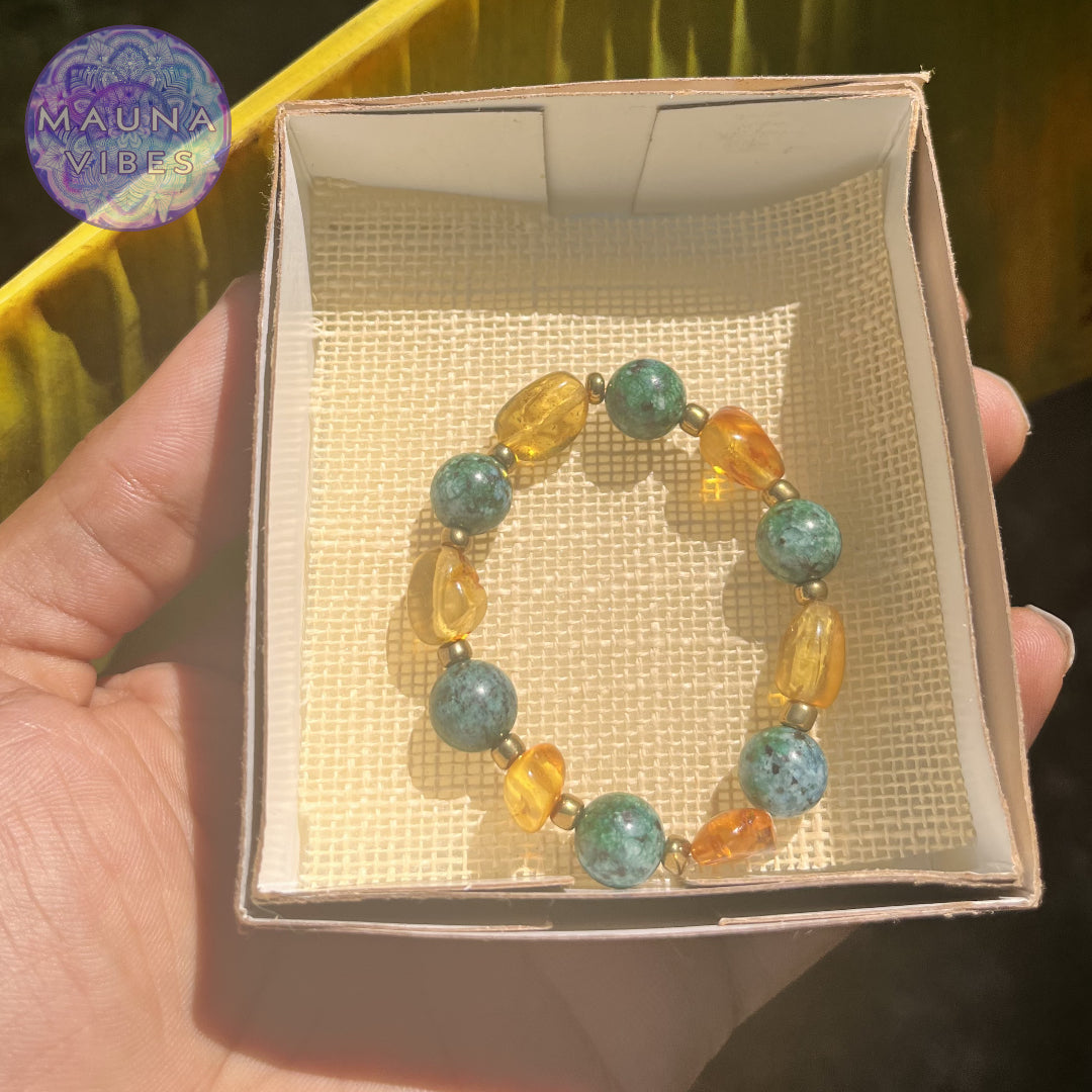 Colar de âmbar e crisocola para mulheres • Colar e pulseira banhados a ouro para mulheres • Âmbar dominicano exclusivo • Ideia de presente elegante