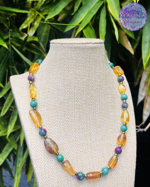 Conjunto de colar com pedras preciosas femininas com âmbar, rubi zoisita e malaquita - colar e pulseira • colar elegante e luxuoso para mulheres