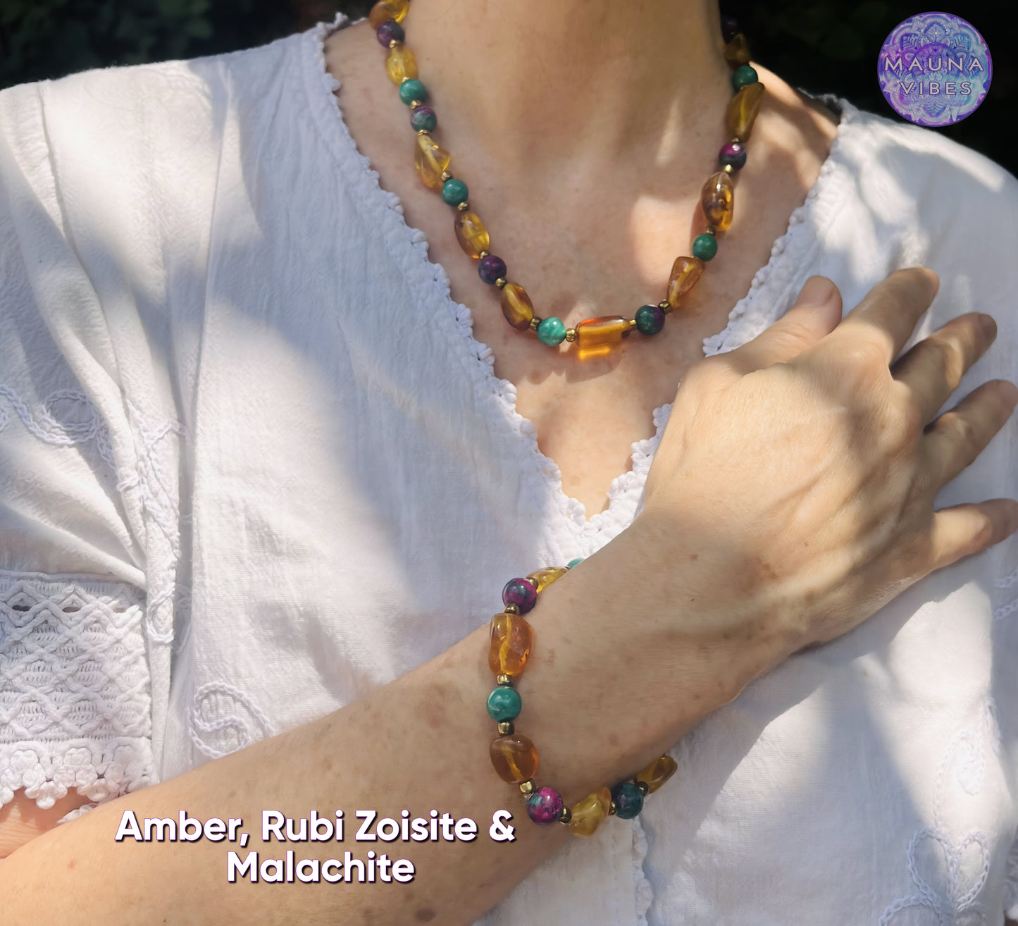 Conjunto de colar com pedras preciosas femininas com âmbar, rubi zoisita e malaquita - colar e pulseira • colar elegante e luxuoso para mulheres