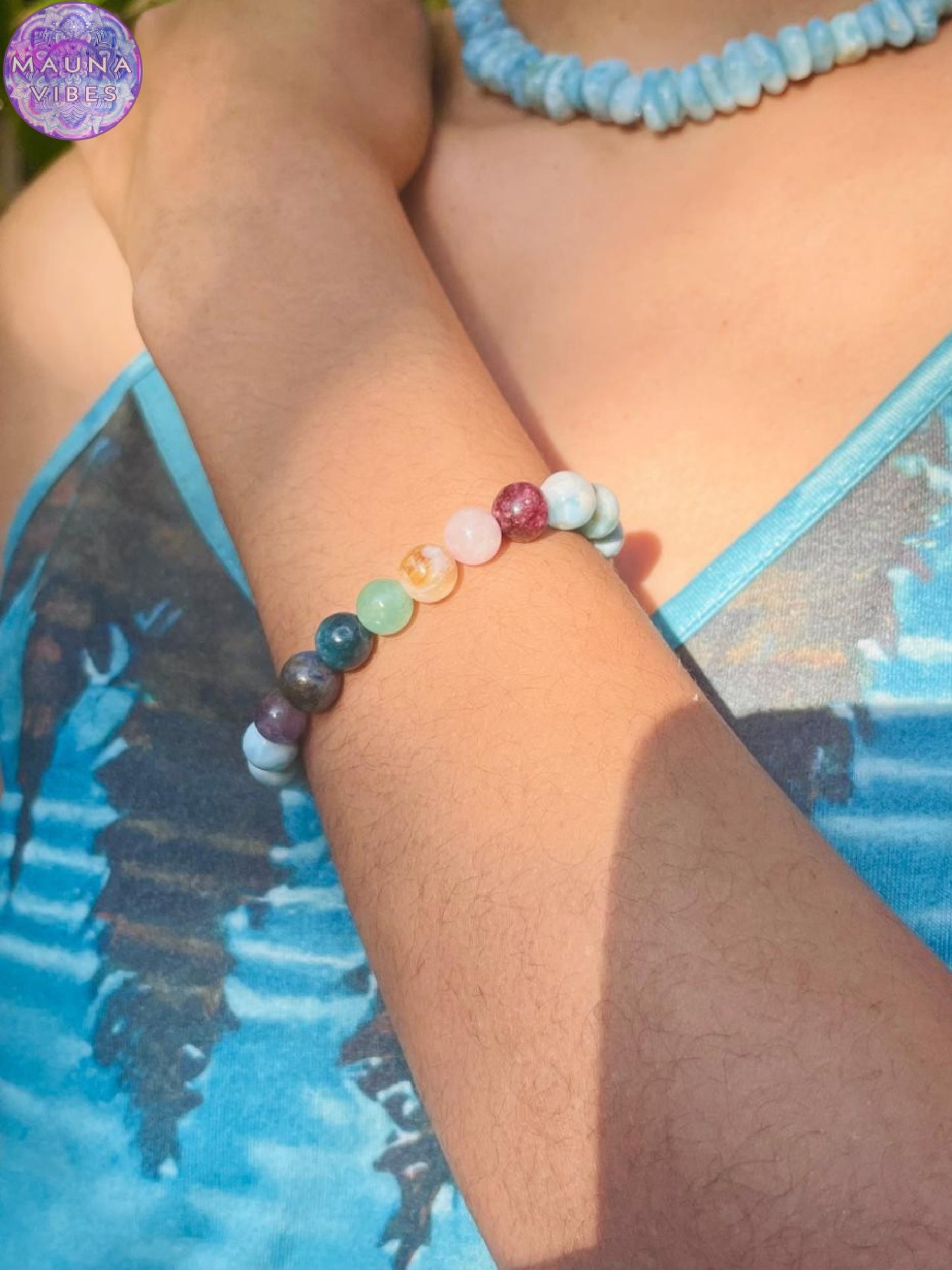 Pulsera de chakras con larimar auténtico: pulsera ajustable con cuentas de cristal para equilibrio, meditación y apoyo energético | Regalo para hombres y mujeres
