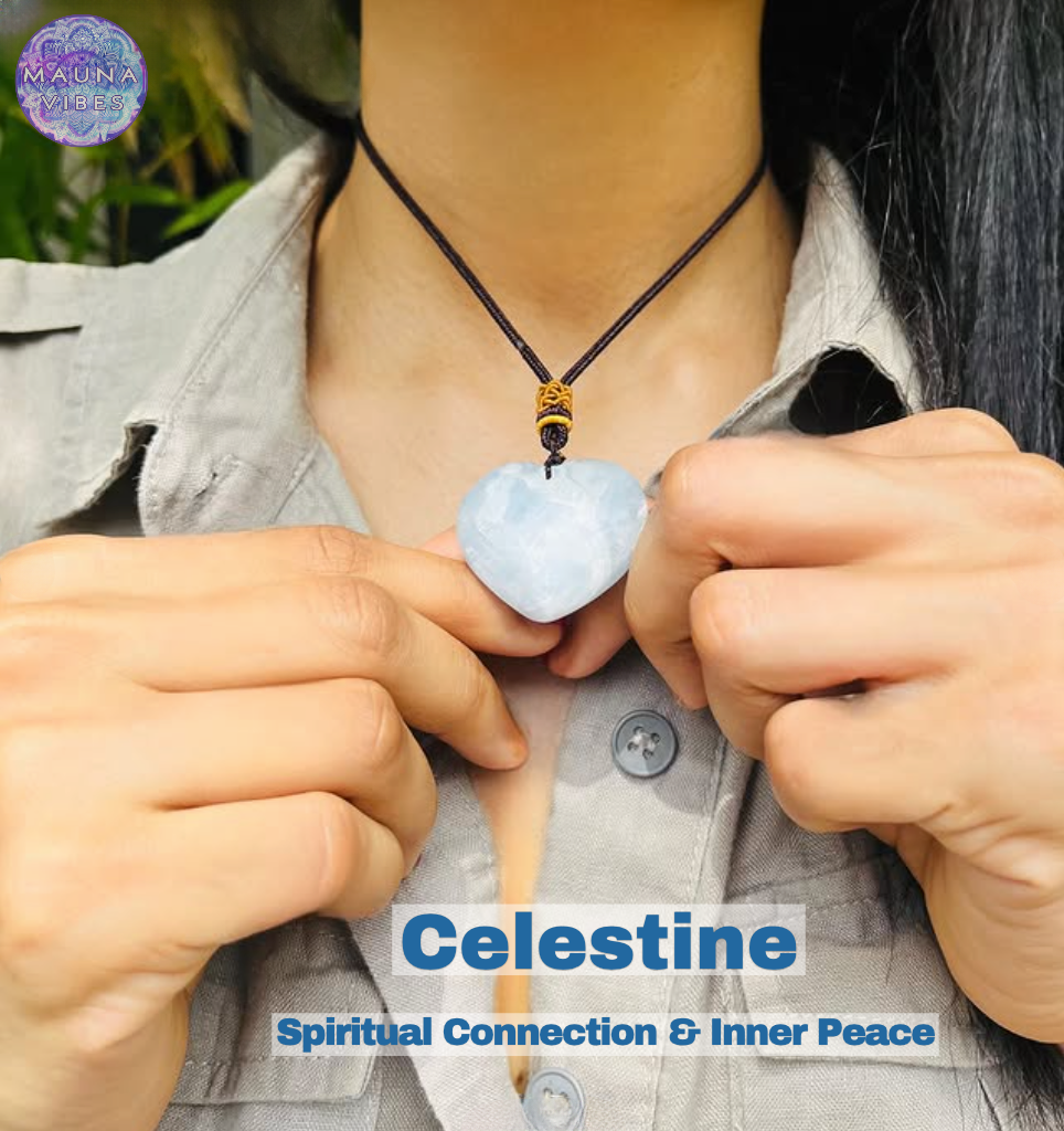 Collar de corazón de celestina natural para mujer: sanación espiritual, intuición y energía serena