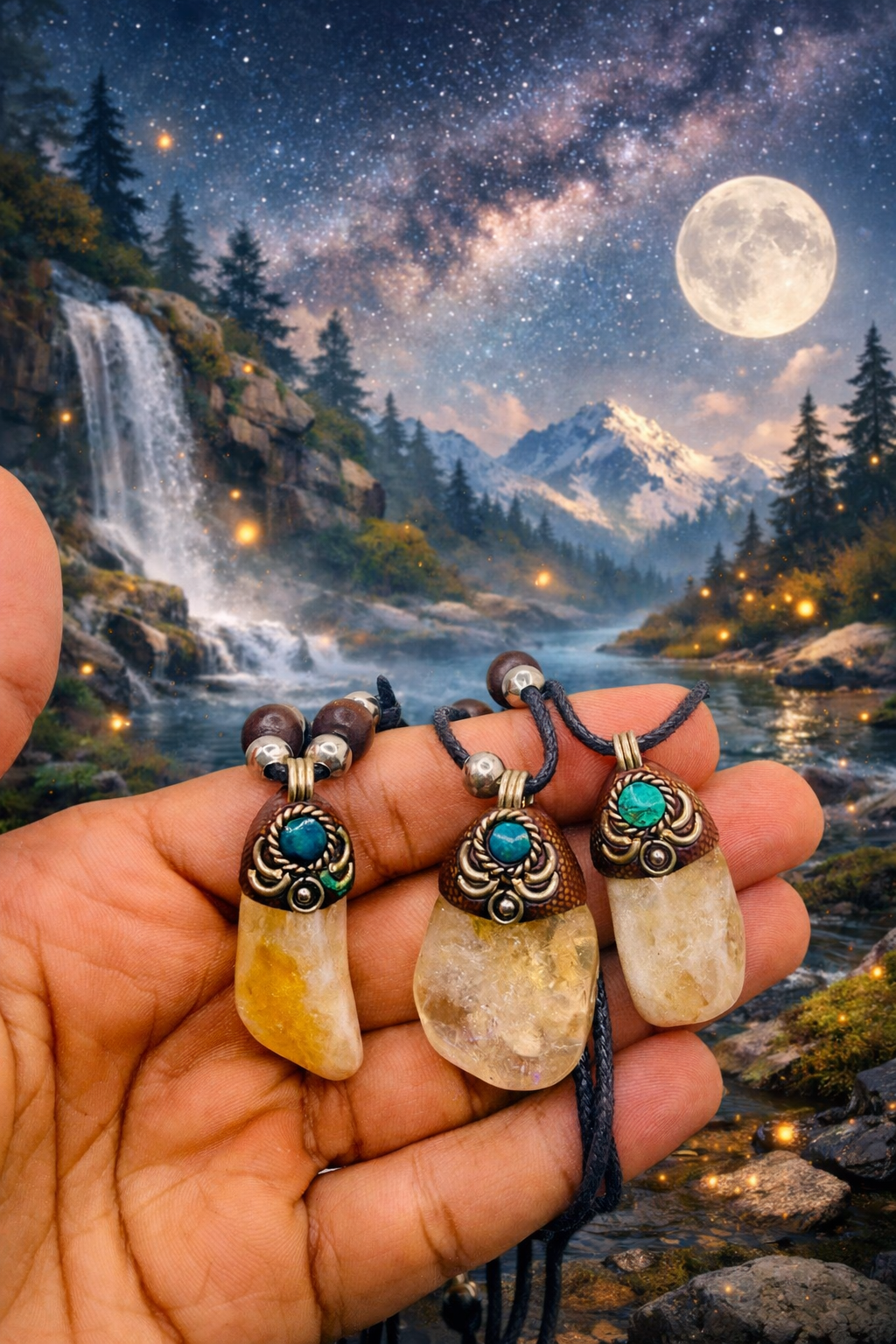 Three stone pendants with turquoise stones held against a scenic mountain landscape with a waterfall and moonlit sky.