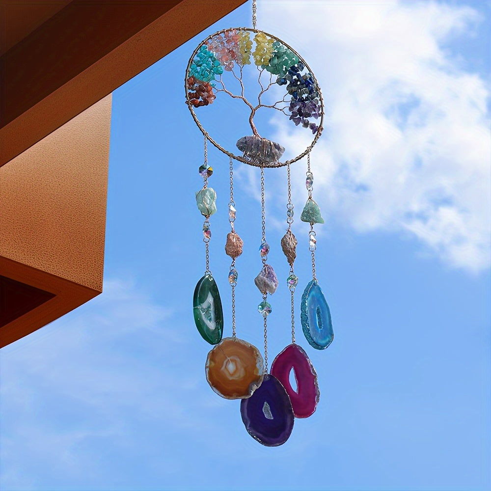 Colgante atrapasueños de los 7 chakras del Árbol de la Vida - Carillón de viento de cristal de amatista y ágata colorido hecho a mano para decoración de pared interior y exterior 🌳🌈💎✨
